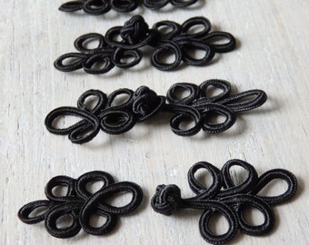 Chinese knot button closures - FIVE pairs of black decorative knot buttons, Chinese knot ties, Chinese knot buttons, frog buttons