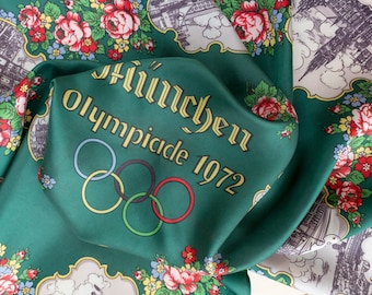 Vintage square scarf Olympic games Munich München 1972 women neckerchief green 33"