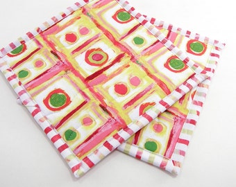 Modern Hot Pads, Quilted Pot Holders - Coral Orange, Olive Green, and White Cotton Fabric Potholders - Hostess Gift, Housewarming Gift