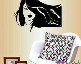 Wall Vinyl Decal Home Decor Art Sticker Hair Salon Logo Girl with Stylish Hair Scissors Haircut Hair Dresser Removable Mural Design 14