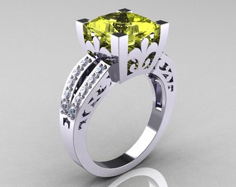 French Vintage 14K White Gold 3.8 Carat Princess Yellow Topaz Diamond Solitaire Ring R222-WGDYT