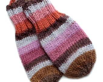 Baby Thumbless Mittens On String. No Thumb Hand Knit Wool Corded Baby Mitts. Infant 3 to 6 Months. Kids Ombre Striped Winter Handwarmers