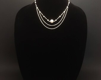 Beaded layered silver choker, simple and pretty, pearls, for her
