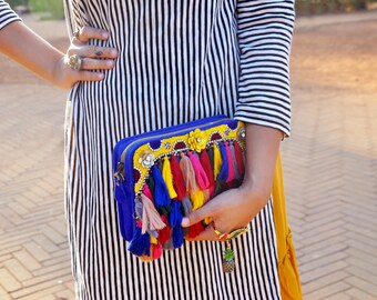 Pom Pom Clutch, Bohemian Crossbody, Tassel Clutch, Blue Womens Clutch, Handmade Leather Clutch, Bright Bohemian Clutch, Poppy