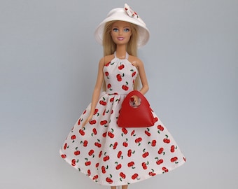Barbie clothes - dress, handbag, hat- handmade