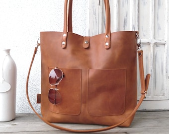 Leather bag, cowhide, full grain, leather tote, distressed leather, leather bag woman, leather tote, laptop bag, Enie frontpocket - cognac!