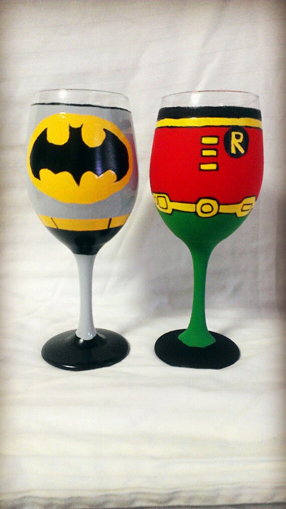 Superhero and Sidekick inspired Hand Painted Wine Glasses.