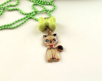 Kawaii siamese cat simple necklace cute lolita girl kitten kitteh kitty retro green bow and chain