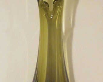 Mid Century Modern Avocado Green Swung Glass Vase 10-7/8" tall