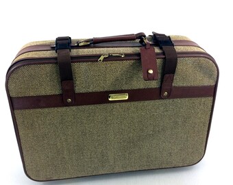 Vintage Tweed Leather Suitcase Mens Samsonite Large Brown Travel Luggage Rolling