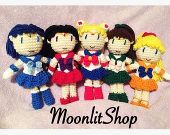 Sailor Moon Inspired Crochet Sailor Moon, Mars, Mercury, Jupiter, Venus & Tuxedo Mask Amigurumi Dolls