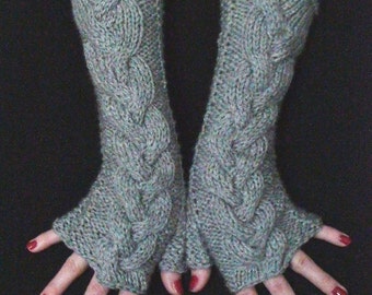 Christmas Gift for Her Fingerless Gloves Light Grey Cabled Wrist Warmers, Extra Soft and Long made of Acrylic