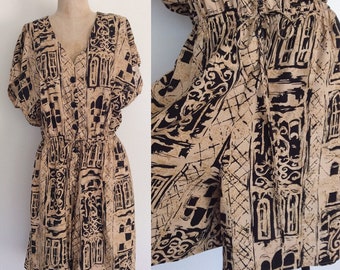 1980's Black & Tan Printed Romper Size Large by Maeberry Vintage