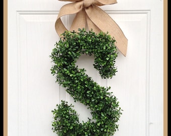 Monogram Wreath - Wreaths - Year Round Wreath Door - Arificial Boxwood Wreath - Burlap Ribbon - Initial Door Wreath Personalized