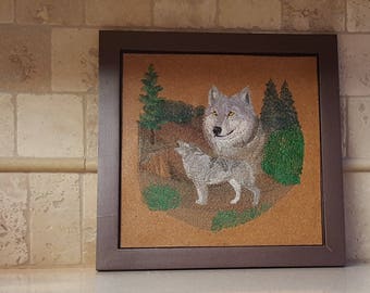 Spirit of the Wolf - Framed Machine Embroidery on Cork