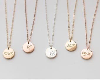 Customized Circle Necklace, Simple Everyday Necklace, delicate disc Necklace, Dainty Gold Tag, Silver, 14k Gold fill, engraved disc • NDV90