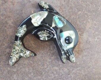 Cute retro Crystal Craft Dolphin wall hanging kitsch. Resin abalone/paua shell 60s/70s plaque