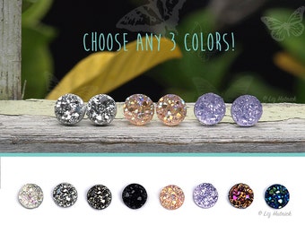 8mm Faux Druzy Earrings - 3 Pair Set - You Choose the Colors! Titanium, Sterling Silver, or Stainless Steel Posts