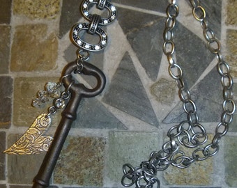 Vintage skeleton key, crystals and engraved heart charm