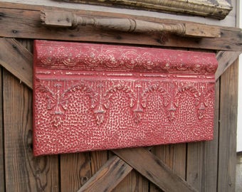 Large Red vintage wall decor, Antique Architectural salvage, Old metal tile, 10th tin anniversary gift, Ceiling tin tile, Red wall art,