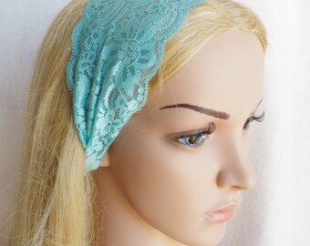 Headband Lace Head Wrap Stretch Lace Headband Turquoise Color Accessory for your outfit wide lace stretch headband Boho Fashion Accessory