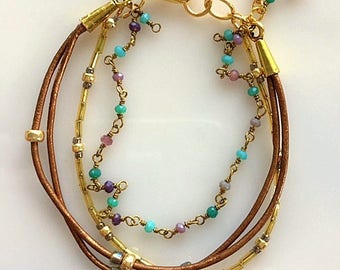 Brown Leather, Beads, Rosary Style Chain Bracelet - Minimalist Multistrand Bracelet