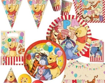 WINNIE THE POOH Party Supplies Tableware Decoration Plates Napkins Cups Tablecover Hats Banner Balloons Invitation Card Candles