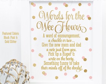 Baby Shower Games, Words For The Wee Hours, Words of Wisdom Late Night Diapers Blush Pink Gold Glitter Printable Baby Girl Shower Game Ideas