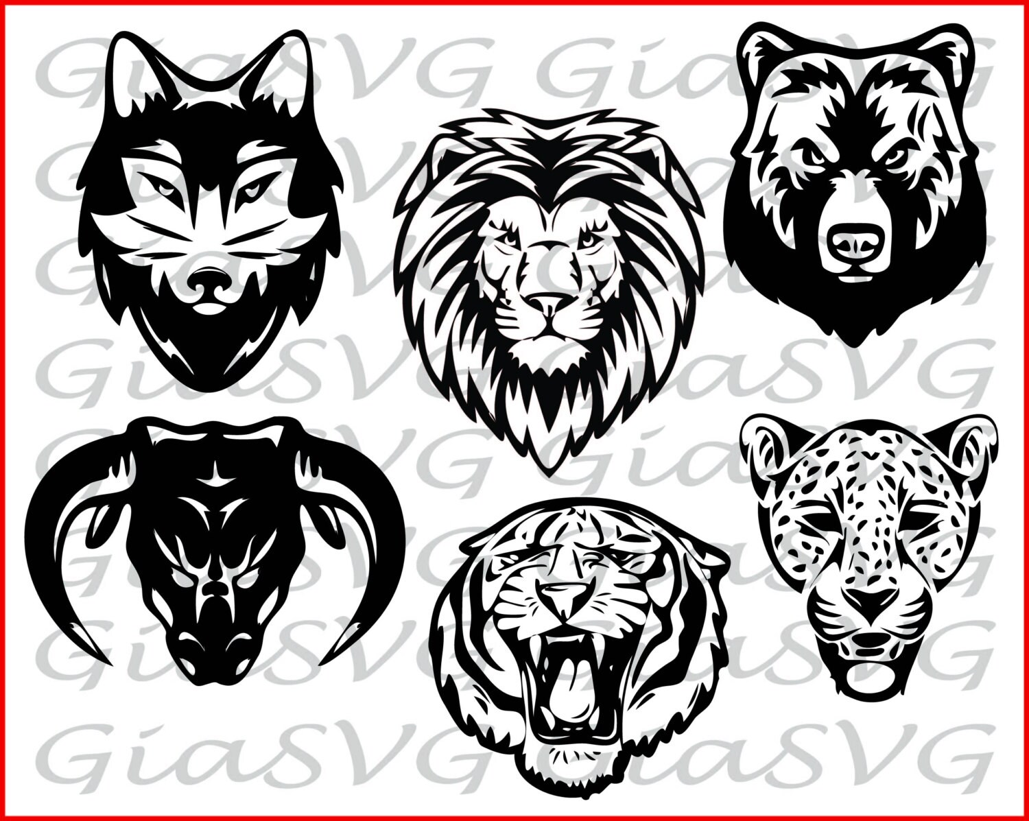 Download 6 Animal Heads SVG lion tiger jaguar bear wolf & bull