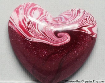 Strawberry Swirl Heart Polymer Clay Cabochon Pink and White