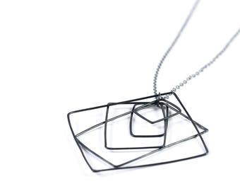 Oxidized Silver Concentric Squares Necklace