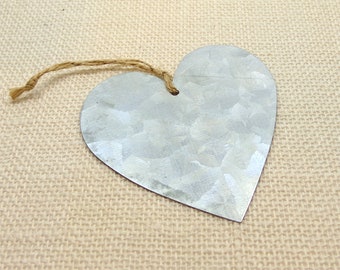 Galvanized Tin Heart Ornament or Tag with Burlap Cord 3 1/2 Inches, Metal Heart Shape for Crafting