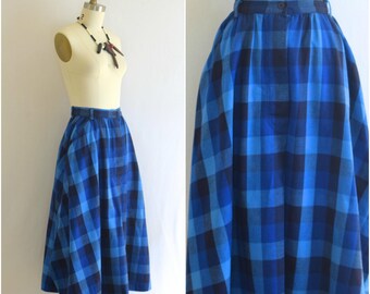 Calvin Klein Plaid Midi Skirt/ 80s Full Blue Cotton Skirt/ Womens Size Small