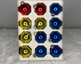 12 red, gold, and blue vintage mercury glass Holly brand Christmas ornaments in original box