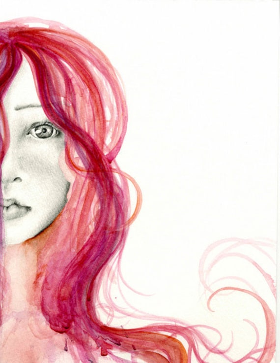 Pink Hair Watercolor Painting Girl Fine Art Drawing Girls Face