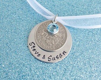 Lucky Six Pence Wedding Bouquet Charm Personalized Blue Swarovski Crystal - Engagement - Gift - Something Blue - Something Old - Engraved