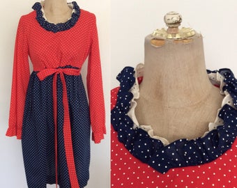 1980's Red & Blue Polka Dot Babydoll Dress Size Medium Large by Maeberry Vintage
