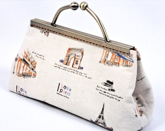 Clutch Purse, Frame Clutch Bag, Handmade Paris Clutch, French Theme Print "I Love Paris" , by WhiteCross Designs, Ready to Ship