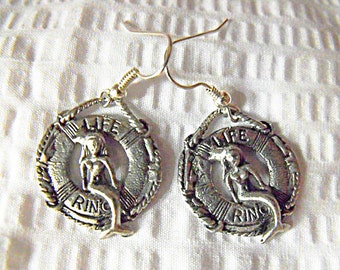 Silver Dangle Earrings, Nautical Mermaid in Life Preserver Womens Gift Handmade