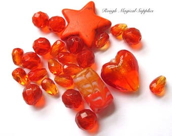 Orange Beads, Assorted Sizes, Mixed Shapes, Colorful Bead Assortment, Lampwork, Faceted Glass Crystals, Gemstone Star - 25 Pieces SP705