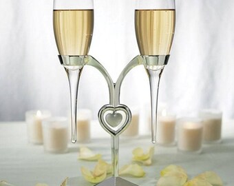 Heart Wedding Flutes - Silver Glass Champagne Toasting Glasses with Stand for Bride Groom Couple - Can Be Personalized Engraved - MW15963