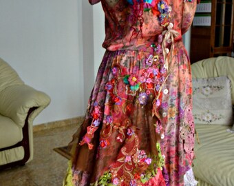 Dress size S Reworked Bohemian Romantic altered couture fairy mori girl victorian gypsy art to wear shabby chic wearable art