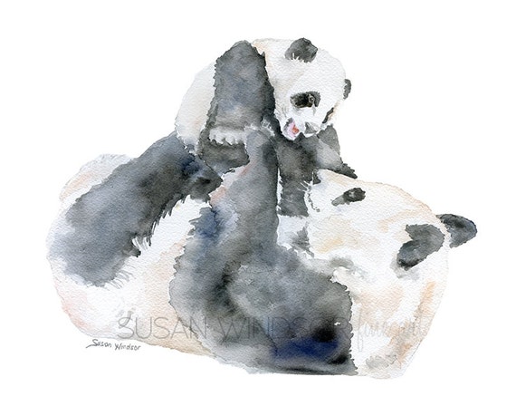  Panda  Bears  Watercolor Painting  Print Giclee 14 x 11