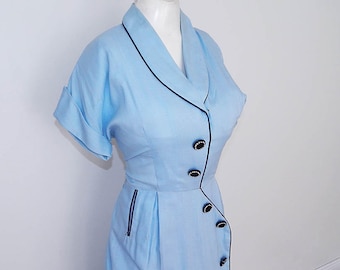 Vintage 40s 50s blue rayon big deco button day dress M L