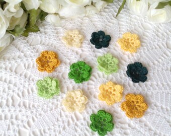 12 Lacy Double Layer Crochet Flowers in Green & Yellow Colors - 1 1/2 inch or 3 3/4 cm