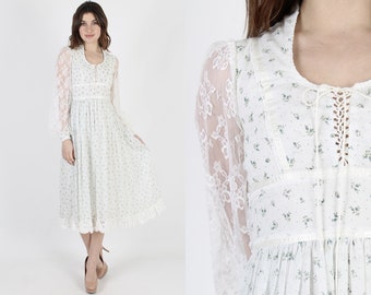 Gunne Sax Dress Wedding Dress Calico Dress Bohemian Dress Boho Wedding Dress Vintage 70s Gunne Sax Dress White Floral Sheer Lace Midi Mini M