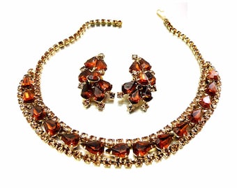 KRAMER 1950s Brown and Amber Crystal Rhinestone Necklace Choker Matching Earrings in KRAMER The Diamond Look Box