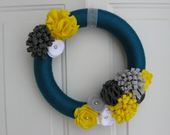 Teal, Yellow and Grays Yarn and Felt Flower Wreath, Door Wreath, Front Door Wreath