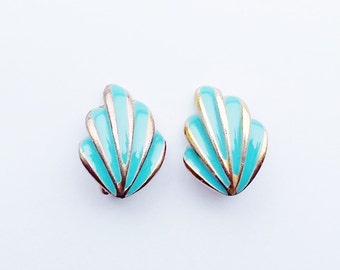 Turquoise Teal Earrings Enamel Enameled Vintage Clip Ons Gold Tone Shell Shape Small Neat 1980s Style