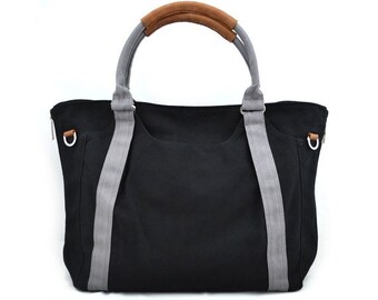 Mother s Day Big Sale HOLLY // Black with Grey Handle / Lined with Grey Stripes / 080 // Ship in 3 days // Diaper bag / Shoulder bag / Tote